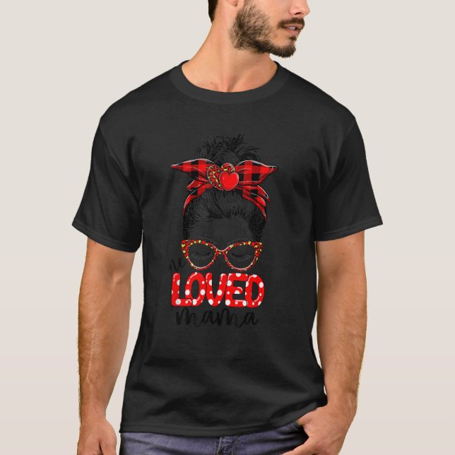 Messy Bun One Loved Mama Red Plaid Leopard Mom Mot T-Shirt (Front)