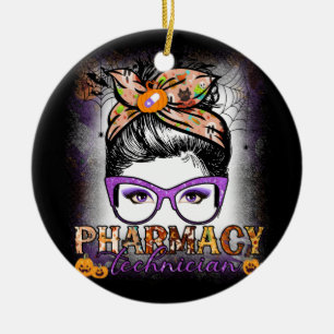 Messy Bun Pharmacy Technician Pharmacist Halloween Ceramic Ornament