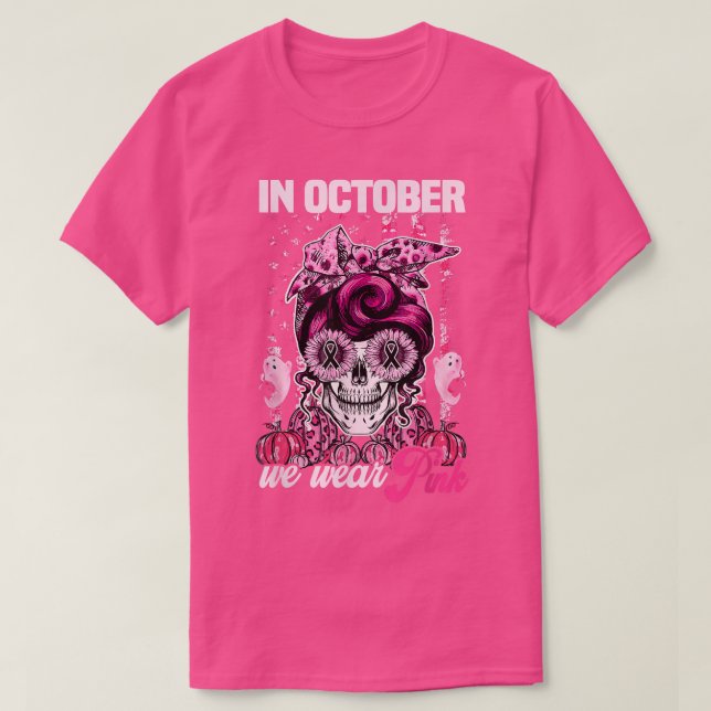 Messy Bun Pink Leopard In October We Wear Pink Ame T-Shirt (Design Front)