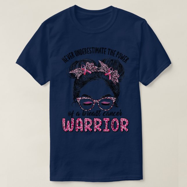 Messy Bun Pink Ribbon Leopard Women Breast Cancer  T-Shirt (Design Front)