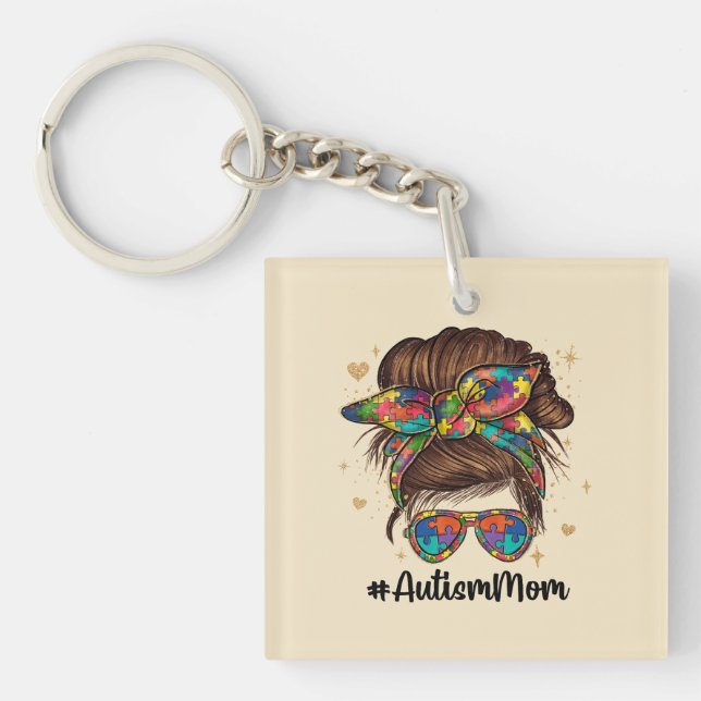 Messy Bun Proud Autism Mom Keychain (Front)