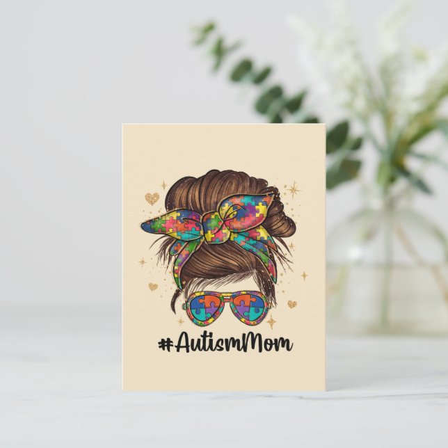 Messy Bun Proud Autism Mom Postcard (Standing Front)