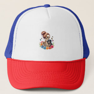Messy Bun Skeleton Cute Puppy Dog Lovers Halloween Trucker Hat