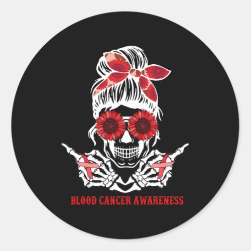 Messy Bun Skull Red Ribbon Blood Cancer Awareness  Classic Round Sticker