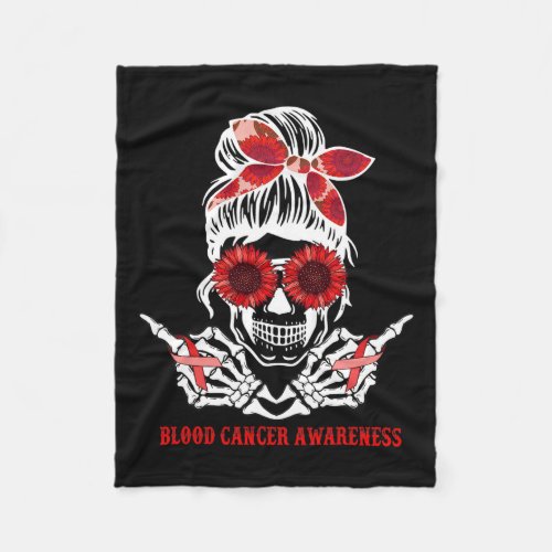 Messy Bun Skull Red Ribbon Blood Cancer Awareness  Fleece Blanket