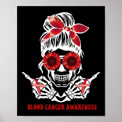 Messy Bun Skull Red Ribbon Blood Cancer Awareness  Poster