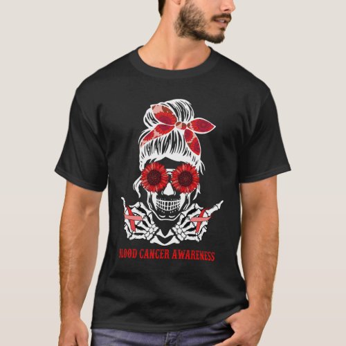 Messy Bun Skull Red Ribbon Blood Cancer Awareness  T_Shirt