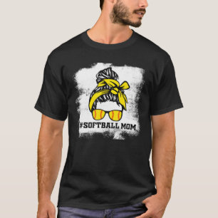 Messy Bun Softball Mom Life Bleached Game Day Chee T-Shirt