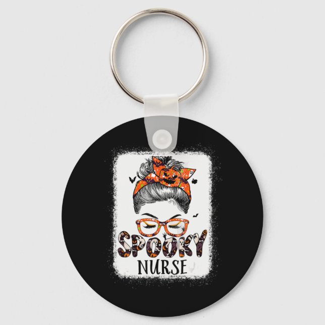 Messy Bun Spooky Nurse Women Pumpkin Halloween Bat Keychain (Front)