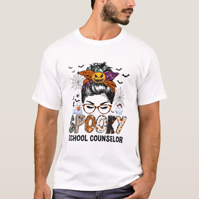 Messy Bun Spooky School Counselor Funny Halloween  T-Shirt (Front)