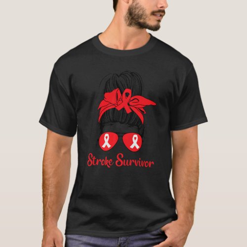 Messy Bun Stroke Survivor Awareness Red Ribbon Bra T_Shirt