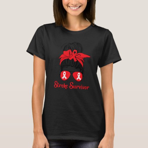 Messy Bun Stroke Survivor Awareness Red Ribbon Bra T_Shirt