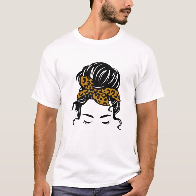 Messy Bun Tee With Leopard Cheetah Pattern Bandana (Front)