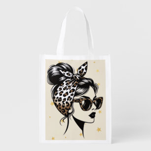 Messy Bun Woman with Leopard Print Bandana and Sun Grocery Bag