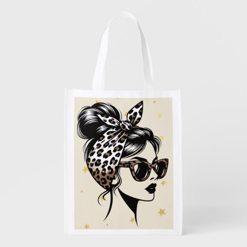 Messy Bun Woman with Leopard Print Bandana and Sun Grocery Bag