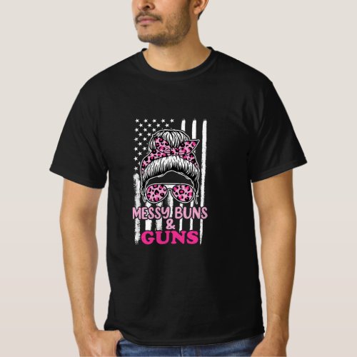 Messy Buns and Guns For Women Wife Mom Pink Leopar T_Shirt