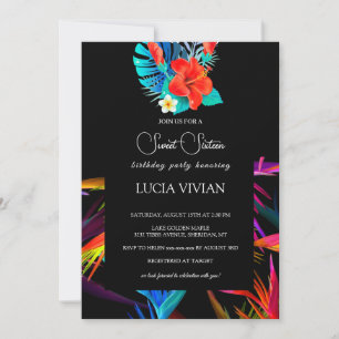 Messy Colorful Tropical Floral Black Base Sweet 16 Invitation
