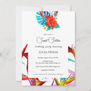 Messy Colorful Tropical Floral White Base Sweet 16 Invitation