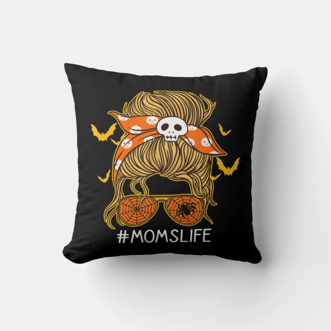 Messy Hair Bun Mom Life spooky Halloween  Throw Pillow (Front)