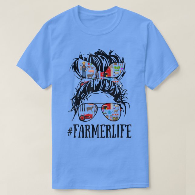 Messy Hair Woman Bun Farmer Life Farm  T-Shirt (Design Front)