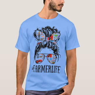 Messy Hair Woman Bun Farmer Life Farm  T-Shirt