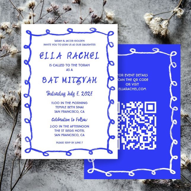 Messy Loops Hand Drawn Custom QR Bar Bat Mitzvah Invitation (Messy Loops Hand Drawn Custom QR Code Blue White  Bar Bat Mitzvah Invitation
)