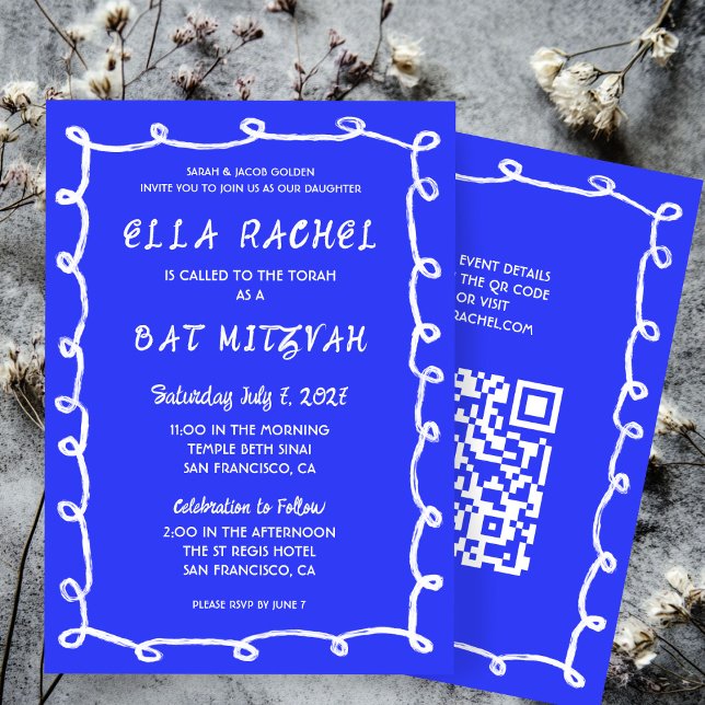 Messy Loops Hand Drawn Custom QR Bar Bat Mitzvah Invitation (Messy Loops Hand Drawn Custom QR Bar Bat Mitzvah Blue White Invitation
)