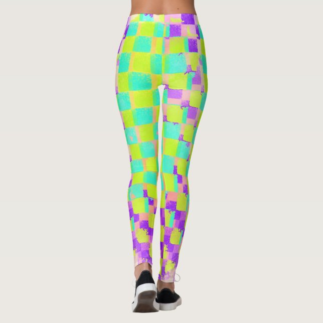 Messy Neo Mint and Purple Checkerboard Pattern Leggings (Back)