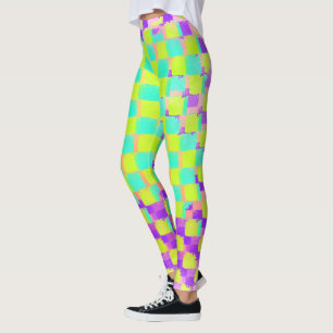 Messy Neo Mint and Purple Checkerboard Pattern Leggings