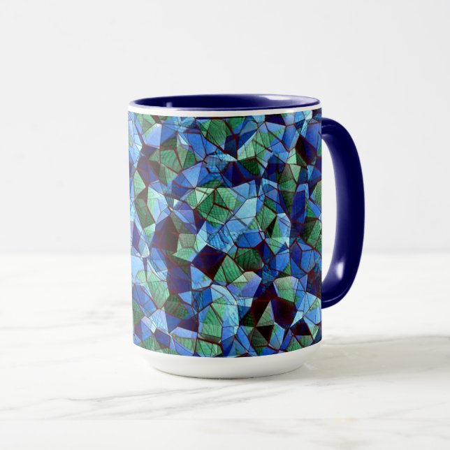 Messy of green and blue irregular mosaic overlaid  mug (Front Right)
