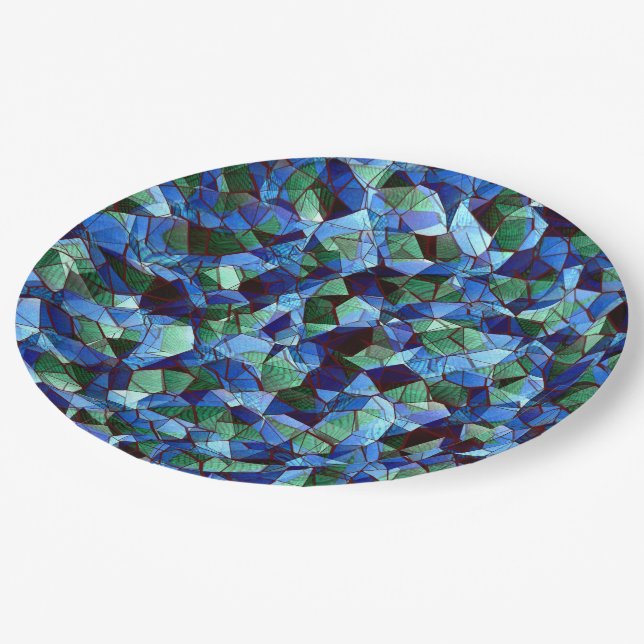Messy of green and blue irregular mosaic overlaid  paper plates (Angled)