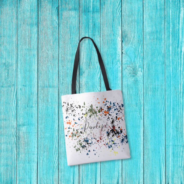 Messy Paint Splatters Modern Abstract Your Name Tote Bag (Creator Uploaded)