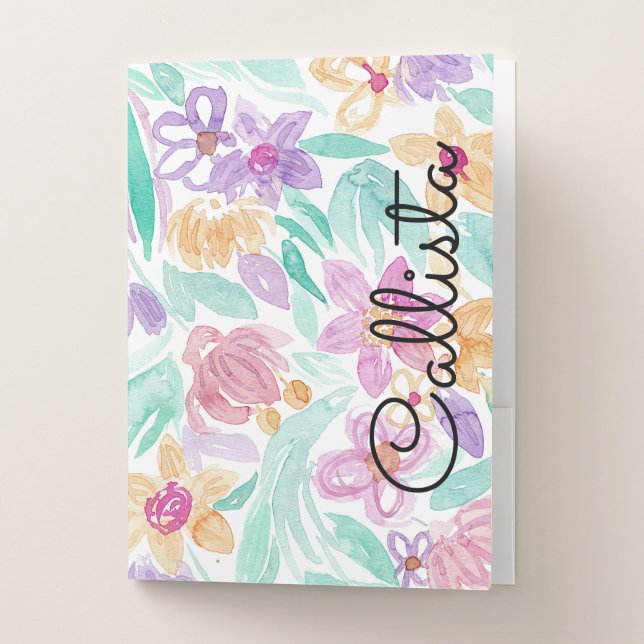 Messy Pink Orange Floral Watercolor Monogram Pocket Folder