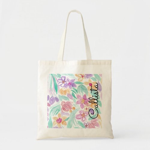 Messy Pink Orange Floral Watercolor Monogram Tote Bag