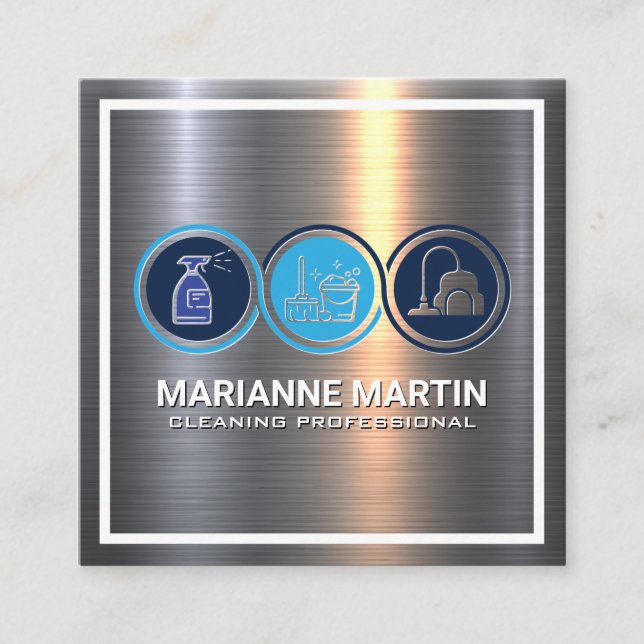 Metal Aluminum Brushed | Cleaning Services Icon Square Business Card (Front)