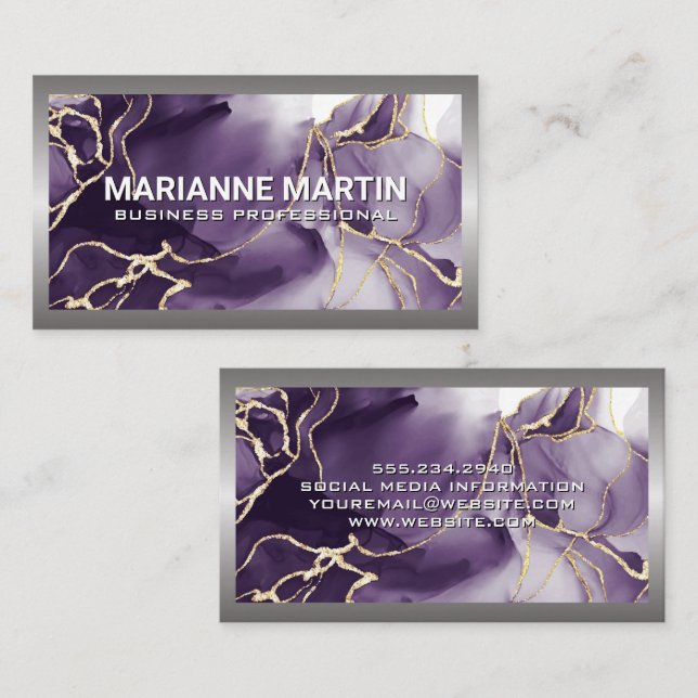 Metal Aluminum Silver Border | Purple Gold  Business Card (Front/Back)