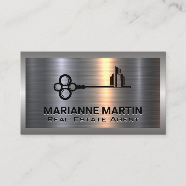 Metal Aluminum Silver Brushed | Buildings Key Logo Business Card (Front)