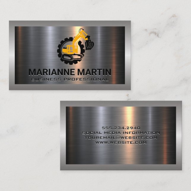 Metal Aluminum Silver Brushed | Bull Dozer Business Card (Front/Back)
