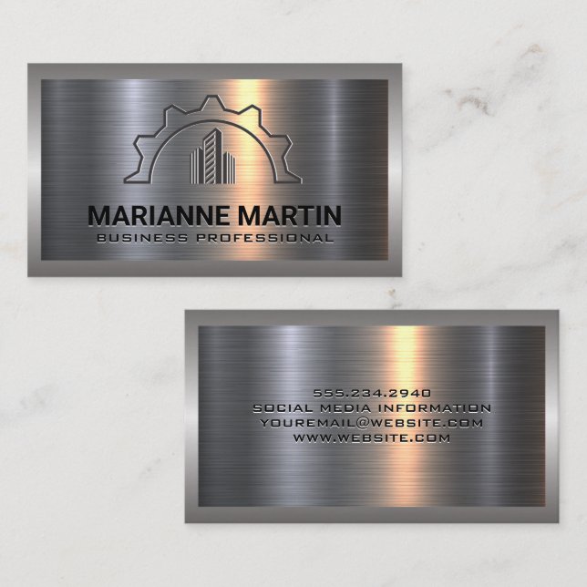 Metal Aluminum Silver Brushed | Construction Logo Business Card (Front/Back)