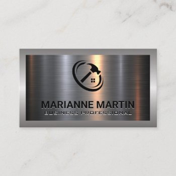 Metal Aluminum Silver Brushed | Construction Logo Business Card by lovely_businesscards at Zazzle