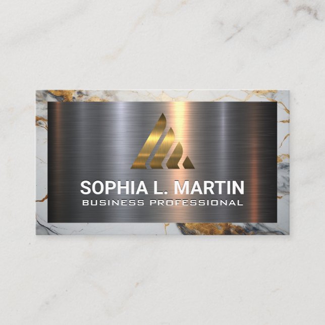 Metal Aluminum Silver Brushed | Gold Marble Business Card (Front)