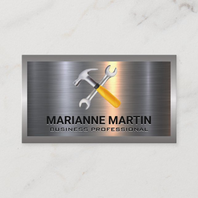 Metal Aluminum Silver Brushed | Hammer Wrench Business Card (Front)