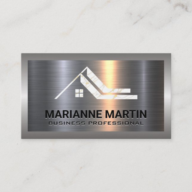 Metal Aluminum Silver Brushed | Marble Roof Logo Business Card (Front)