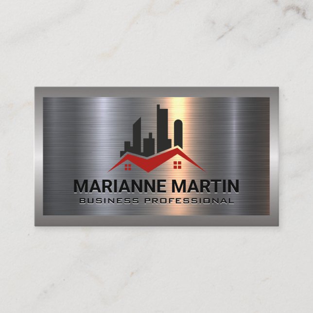 Metal Aluminum Silver Brushed | Real Estate Logo Business Card (Front)