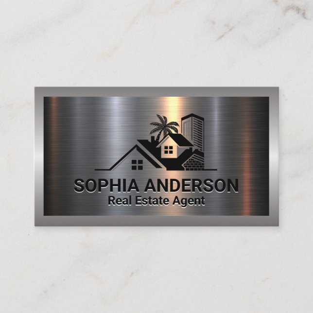 Metal Aluminum Silver Brushed | Real Estate Logo Business Card (Front)