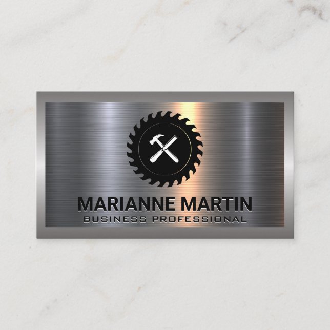 Metal Aluminum Silver Brushed | Saw and Hammer Business Card (Front)