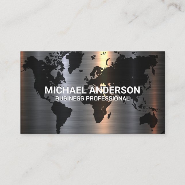 Metal Aluminum Silver Brushed | World Map Business Card (Front)