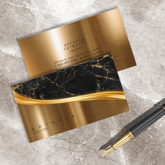 Metal and Glitter Marble Wave Black Gold ID808 Business Card