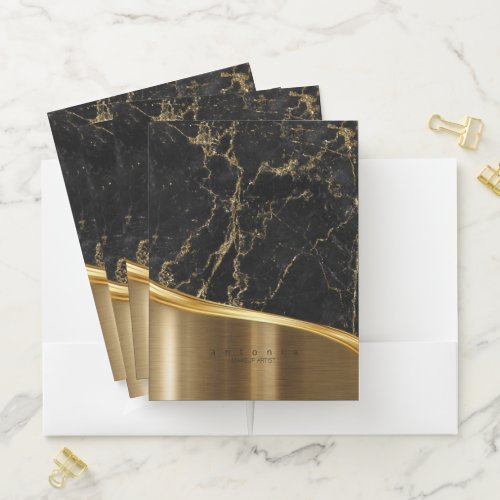 Metal and Glitter Marble Wave Black Gold ID808 Pocket Folder