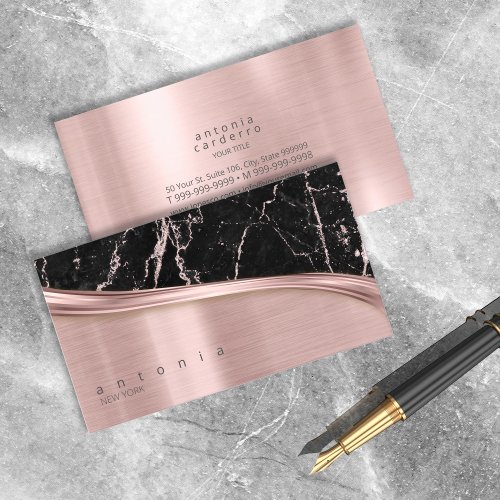 Metal and Glitter Marble Wave Blk Rose Gold ID808 Business Card